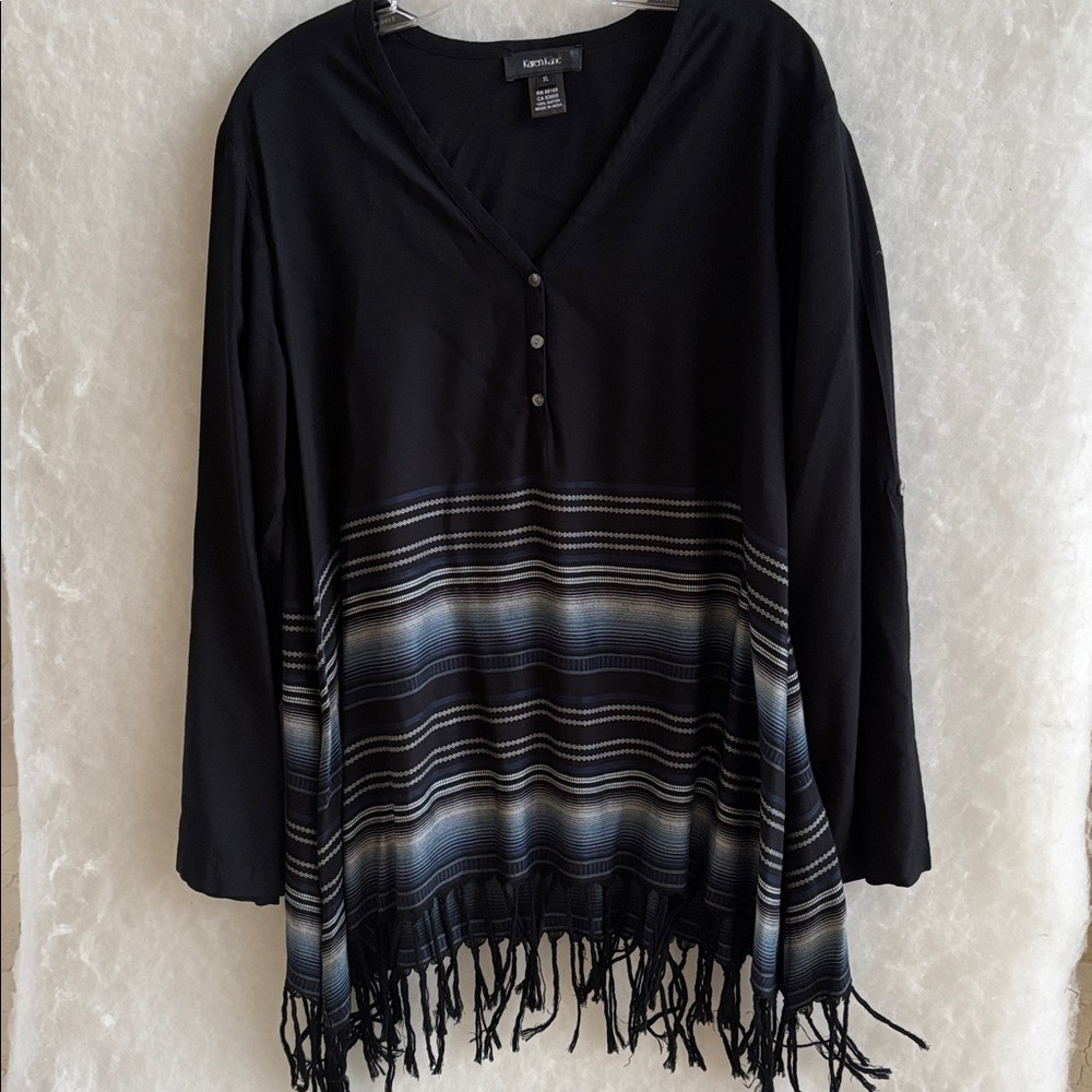 Karen Kane Black and Blue Fringe Tunic Top